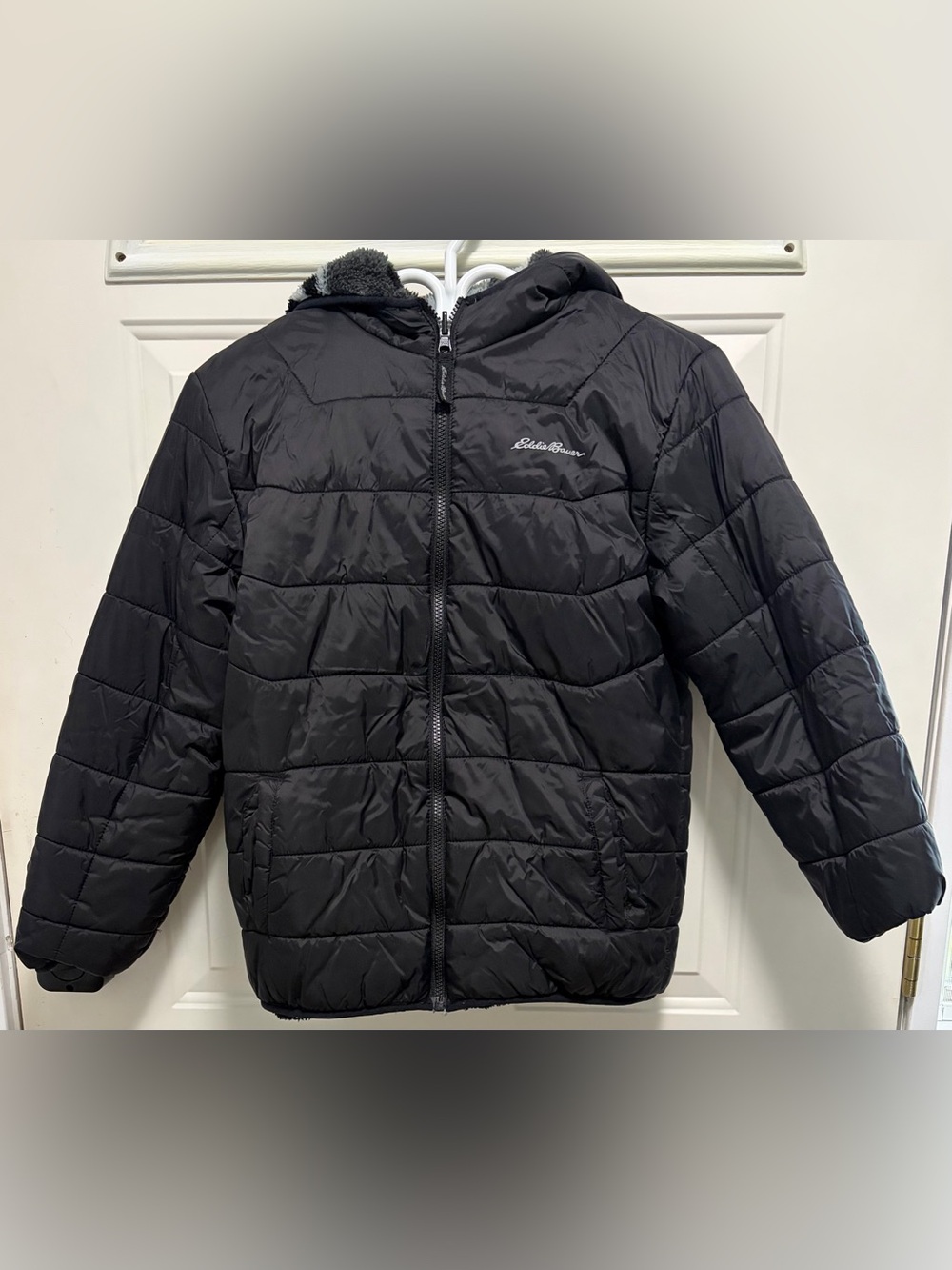 Eddie Bauer Kids XL 14/16 Reversible Jacket Black Puffer Gray Camo Sherpa